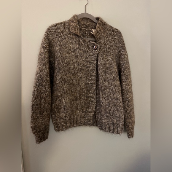 Linda Allard Ellen Tracy Gray Brown Wool Mohair Button Knit Cardigan Sweater - M - Picture 1 of 10